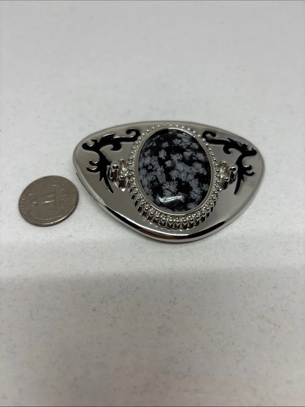 Silver-Tone Snowflake Obsidian Belt Buckle